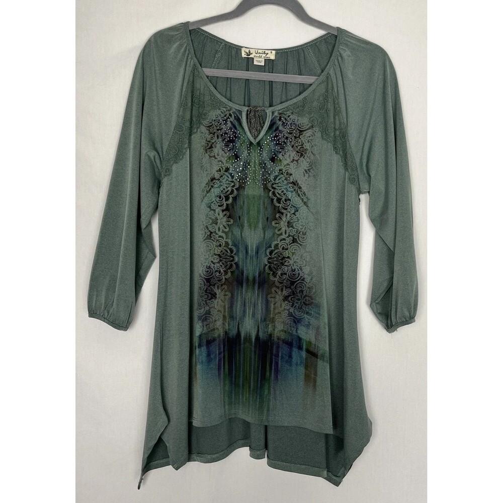 Unity‎ World Wear Tunic Top Lace Studs Green Small Asymmetric Fairy Boho Hippie